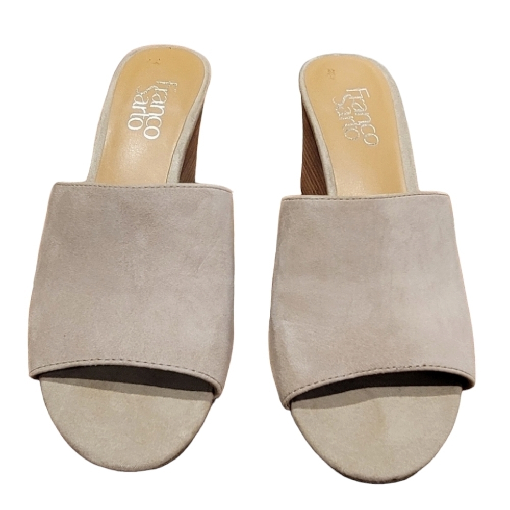 Franco Sarto 3in open toe, open heel leather beige, tan heeled sandles Size 8 - Picture 2 of 6